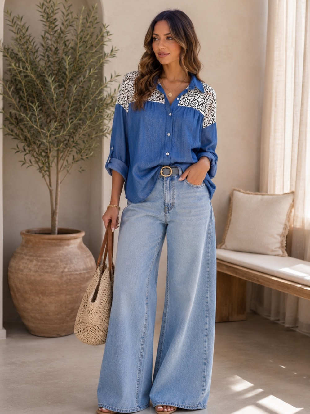 MADE IN ITALY Blue Lace-Yoke Button-Front Women's Shirt